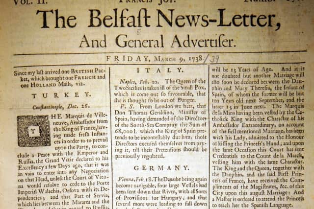 The front page of the Belfast News Letter of March 9 1738 (March 20 1739 in the modern calendar)