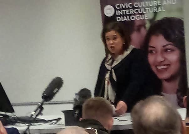 Mary Lou McDonald, president of Sinn Fein, speaks at a civic unionist event at the Peter Froggatt at Queen's University, Belfast in February. "She was listened to with respect and courtesy when urging unionists to engage with republicans, yet later chose to walk with an offensive banner in New York"