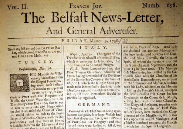 The front page of the Belfast News Letter of March 9 1738 (March 20 1739 in the modern calendar)