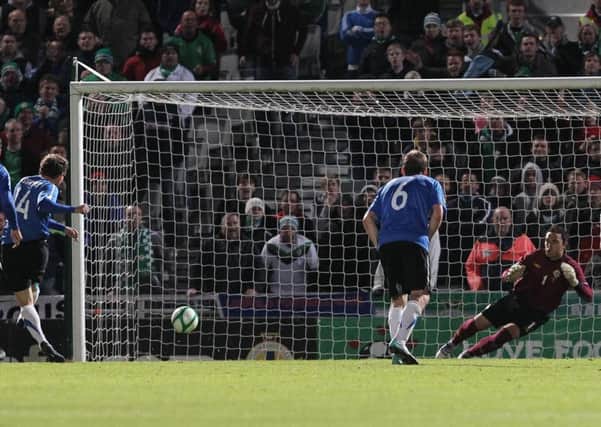 Estonia's Konstantin Vassiljev scores a penalty in 2011 against Northern Ireland at Windsor Park. Pic by PressEye Ltd.