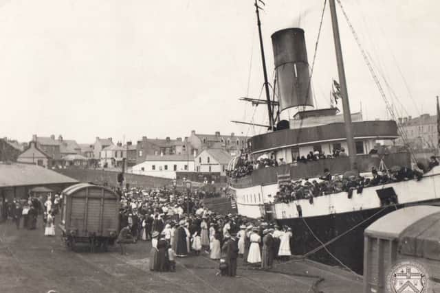 1913 photograph of the SS Hazel (The Scotch Boat) at Portrush with passengers from Scotland