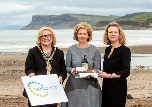 L to R are Cllr. Brenda Chivers, Mayor of Causeway Coast and Glens Borough Council, Roisin McKee, Director, People 1st International and Carolyn Boyd, Tourism NI.