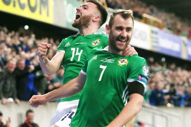 Niall McGinn (right) enjoying his first goal in front of the home fans, with Stuart Dallas joining in the celebrations. Pic by PressEye Ltd.