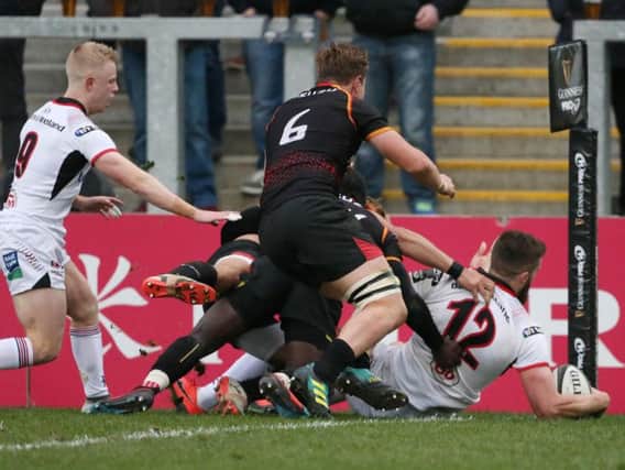 Ulster centre Stuart McCloskey scores a try against Southern Kings