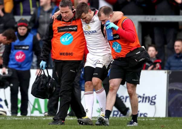 Ulster's Louis Ludik leaves the pitch injured during the game against Southern Kings