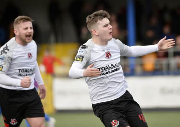 Ronan Hale celebrates netting Crusaders' equaliser against Ards. Pic by INPHO