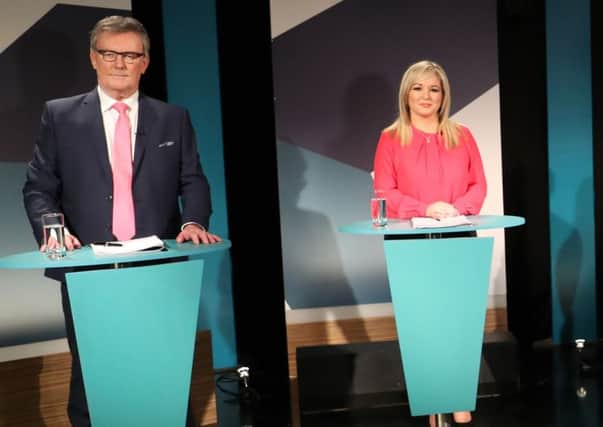 Mike Nesbitt, then UUP leader, and Michelle O'Neill of Sinn Fein in a 2017 debate: Mr Nesbitt now says: "The IRA, and more recently Sinn Féin, have appropriated the notion of a united Ireland in a manner that makes it toxic to many more than the unionist community"