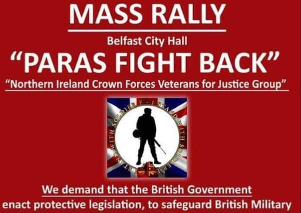 The poster that has appeared online containing details of the veterans protest rally in Belfast city centre next month