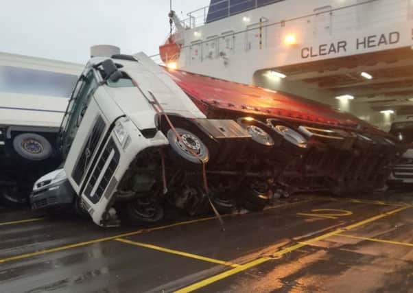 A toppled lorry on the P&O European Causeway vessel after a storm last December. Picture courtesty of the Marine Accident Investigation Branch