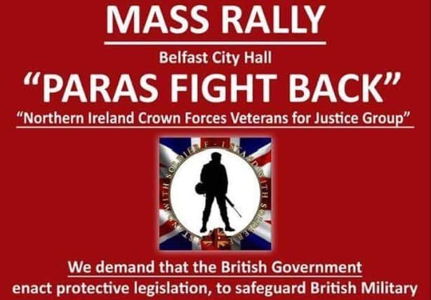 Poster advertising the veterans' rally in Belfast city centre