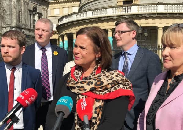 Sinn Fein leader Mary Lou McDonald speaking to the media outside Leinster House in Dublin on Tuesday 26 March where she condemned any potential return of violence on the island of Ireland. PRESS ASSOCIATION Photo.