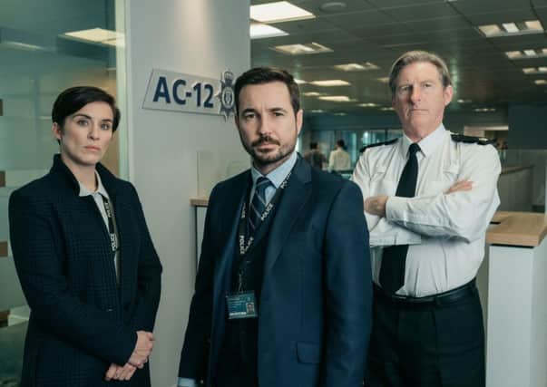 Line of Duty: (L-R) Vicky McClure as Detective Sergeant Kate Fleming, Adrian Dunbar as Superintendent Ted Hastings, Martin Compston as Detective Sergeant Steve Arnott. PA Photo/BBC/World Productions Ltd/Aiden Monaghan.