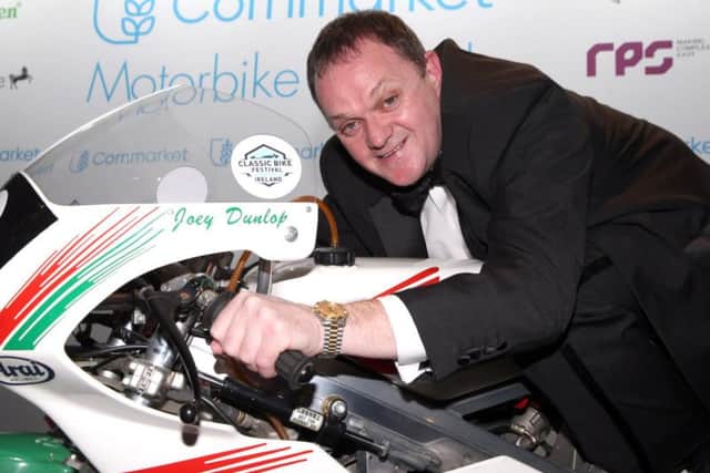 Phillip McCallen on a Joey Dunlop 125cc Honda at the Irish Motorcyclist of the Year awards in January.