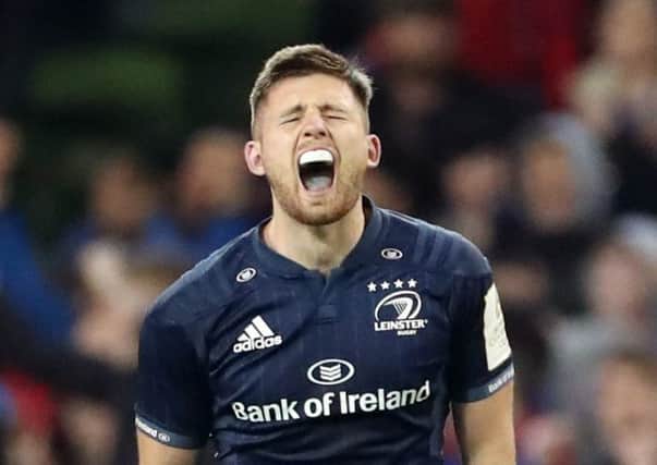 Leinster outhalf Ross Byrne celebrates the victory over Ulster