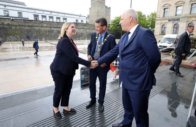 Press Eye - Belfast - Northern Ireland - 30th July 2018 

The Secretary of State for Northern Ireland, Karen Bradley MP, is pictured with Mayor of Derry and Strabane John Boyle and John Kelpie, CEO of Derry and Strabane Council before a meeting to discuss Derry City Deal.

Photo by Kelvin Boyes / Press Eye.