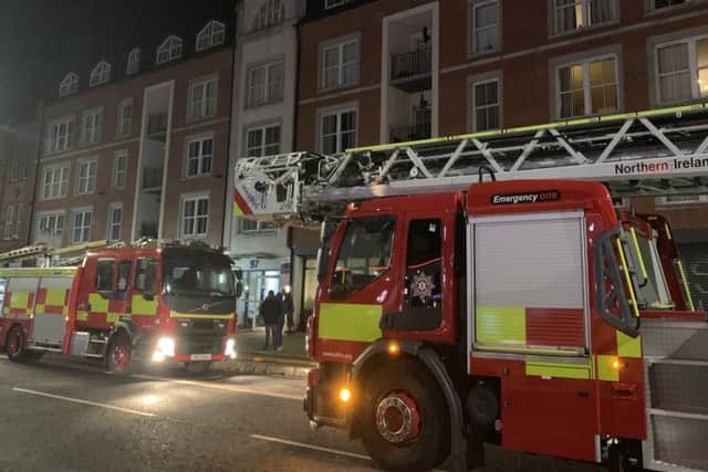 Dozens of firefighters and ambulance service personnel were tasked to the major incident at Great Victoria Street in the centre of Belfast this morning. Pic: David McCormick/Pacemaker Press