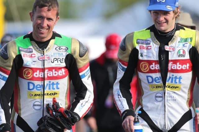 Steve Mercer (left) pictured with his Dafabet Racing team-mate Ivan Lintin at the Isle of Man TT in 2017.
