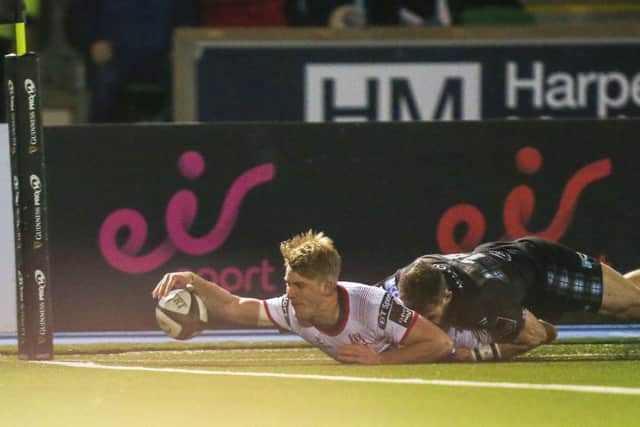 Ulster's

Rob Lyttle had this effort disallowed against Glasgow