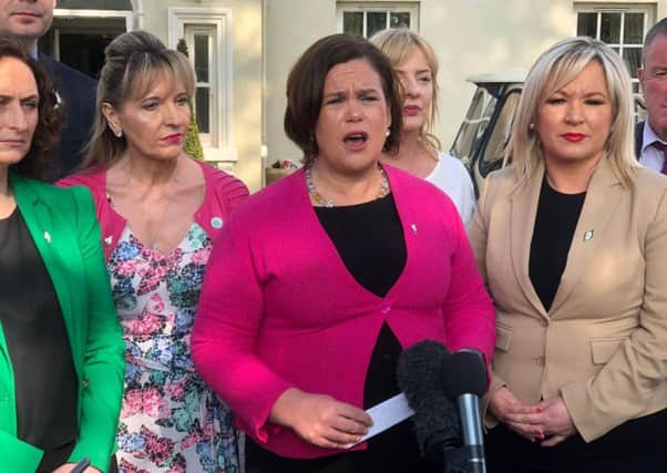 Sinn Fein president Mary Lou McDonald (centre) and vice president Michelle O'Neill (right) at the party's European and local election launch in Swords, Co Dublin
