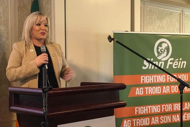 Sinn Fein leader Michelle O'Neill, during a lunch event of its European and local council election candidates at Roganstown Hotel and Country Club in Swords, Co Dublin.