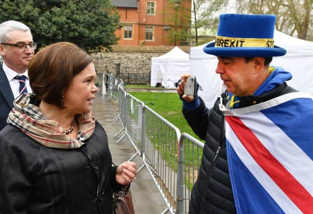 Sinn Fein leader Mary Lou McDonald speaks to pro EU proteste Steve Bray on College Green, London, ahead of a meeting on Monday evening with Labour party leader Jeremy Corbyn. PRESS ASSOCIATION Photo. Picture date: Monday April 8, 2019. See PA story POLITICS Brexit. Photo credit should read: John Stillwell/PA Wire