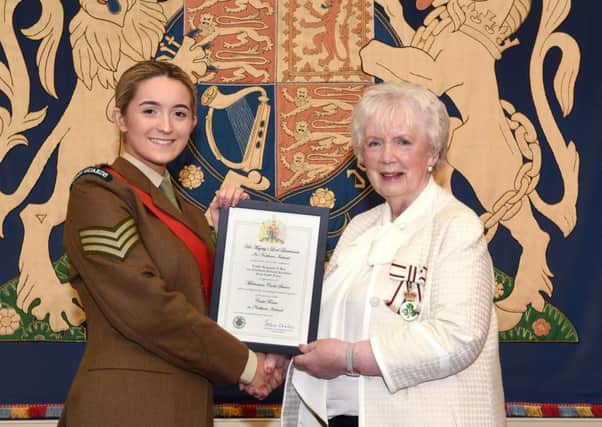 Cadet Sergeant Ellen Rea pictured with Mrs Joan Christie, Her Majestys Lord Lieutenant for the County of Antrim.