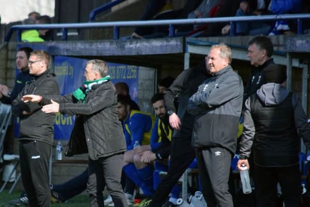 Mick McDermott and Paul Millar on the sideline during last week's win over Dungannon Swifts. 
Photo Andrew McCarroll/Pacemaker Press