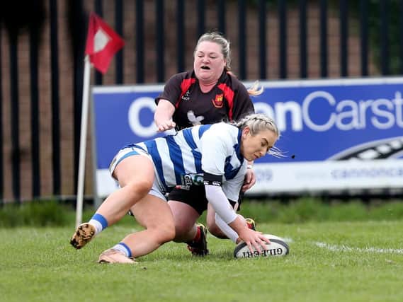 Julie Ann Garvey scores a try for Dungannon as they defeated Carrick 12-5 in the final of the Rejenerate Cup held at Carrick