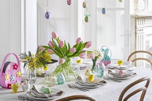 Undated Handout Photo of Create A Stunning Centrepiece Spotty/Floral Egg Hanging Decorations, £1.49 each; Felt Flower Egg Basket, £4.99; Chick Egg Cup, £4.99; Bunny Head Egg Cup, £4.99; Wax Egg Candles, £2.99; Coloured Chenille Chicks, £3.99; Felt Bunny Egg Basket, £2.99, Dobbies. See PA Feature INTERIORS Easter. Picture credit should read: Dobbies/PA Photo/Handout. WARNING: This picture must only be used to accompany PA Feature INTERIORS Easter. WARNING: This picture must only be used with the full product information as stated above.