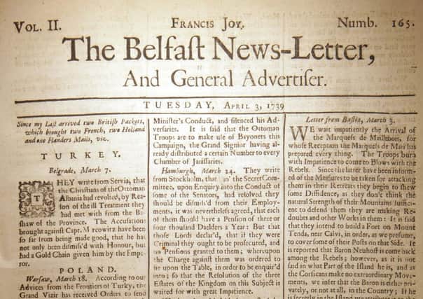 Front page of April 3 1739 Belfast News Letter (April 14 1739 in the modern calendar)