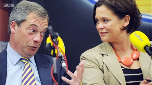 Sinn Féin's Mary Lou McDonald and the then Ukip leader Nigel Farage on the same side of the 2009 Lisbon Treaty debate. Photo: BBC Spotlight