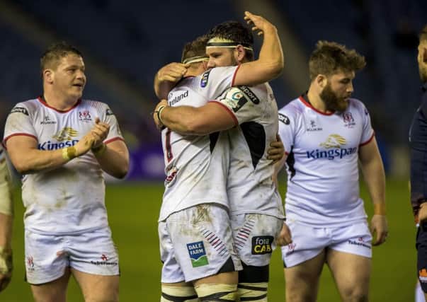 Backrow forwards Jordi Murphy and Marcell Coetzee celebrate Ulsters win over Edinburgh