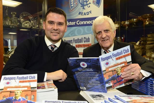 Billy Kennedy with David Healy during the launch of Billy's new book about Ulster links to Glasgow Rangers at National Football Stadium at Windsor Park in Belfast. 
Picture by Arthur Allison/ Pacemaker.