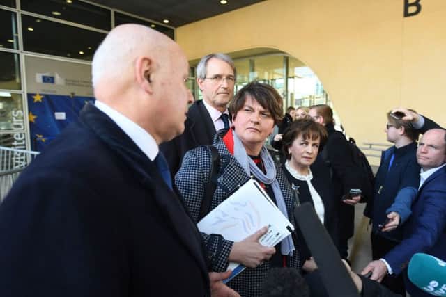 (left to right) Iain Duncan Smith, Owen Paterson and Arlene Foster MLA, with Diane Dodds MEP, speak with the media outside the European Commission following a meeting with Michel Barnier to discuss Brexit on Thursday April 11, 2019. Mrs Foster was also very critical of Theresa May's handling of Brexit. Photo: Stefan Rousseau/PA Wire