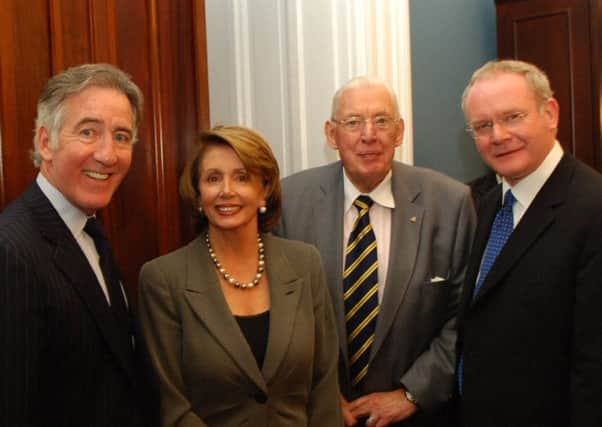 In 2007, Northern Ireland First Minister Ian Paisley and Deputy First Minister Martin McGuinness with Speaker of the US House of Representatives Nancy Pelosi and US Congressman Ritchie Neill at the Friends of Ireland Lunch hosted by US Congressmen in the Capitol Building,Washington DC. Photo John Harrison.