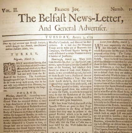 Front page of April 3 1739 Belfast News Letter (April 14 1739 in the modern calendar)