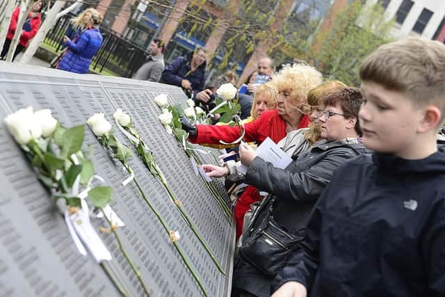 White roses were laid in the memorial garden at city hall  in memory of the local men who lost their lives in the Titanic disaster. Pic by Arthur Allison, Pacemaker.