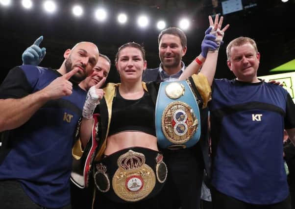 WBA/IBF lightweight champion Katie Taylor after winning her bout at the Liacouras Center in Philadelphia.   Picture by Ed Mulholland/Matchroom Boxing USA