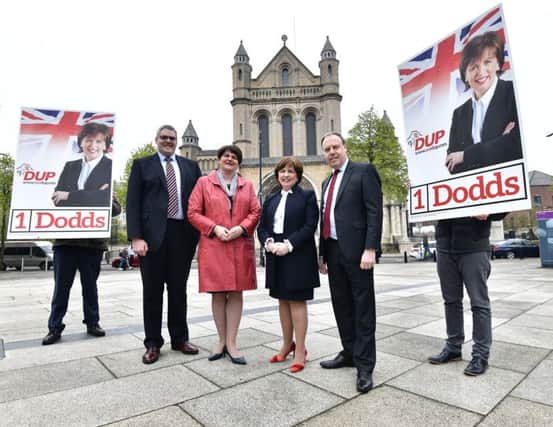 Diane Dodds (second right) with DUP leader Arlene Foster, deputy leader Nigel Dodds MP (right) and director of elections Gavin Robinson MP as she lodged her nomination papers in Belfast