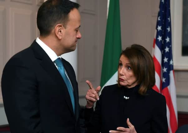 Nancy Pelosi makes a point to Taoiseach Leo Varadkar at the Republics Department of Foreign Affairs
