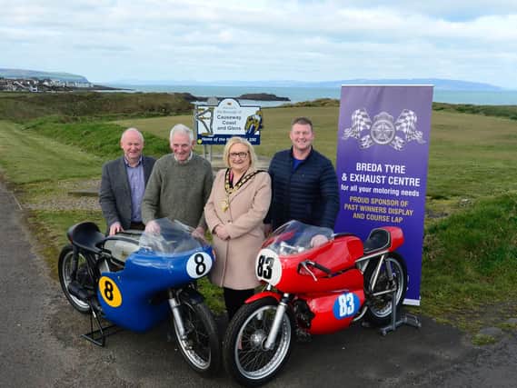 Dick Creith joins Brenda Chivers, Mayor, Causeway Coast and Glens Council, NW200 Event Director Mervyn Whyte and Keith Miller of sponsors, Breda Tyre and Exhaust Centre to launch the special display and parade of former winners' machinery to mark the 90th anniversary of the North  West 200.