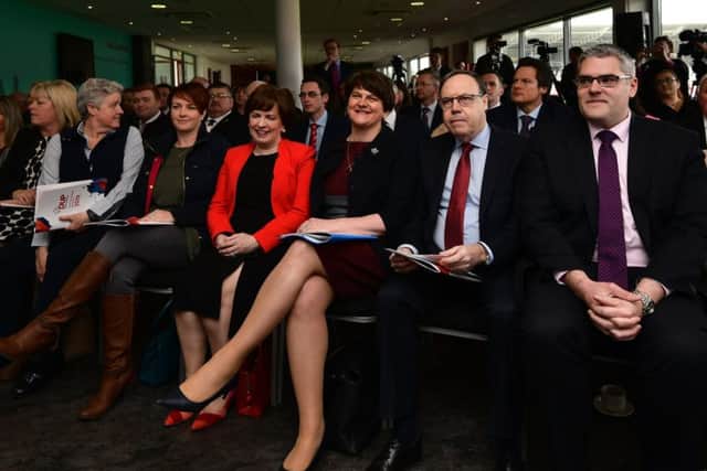 Alison Bennington (with her head turned round) was seated three places to Arlene Fosters right at the DUP manifesto launch earlier this month