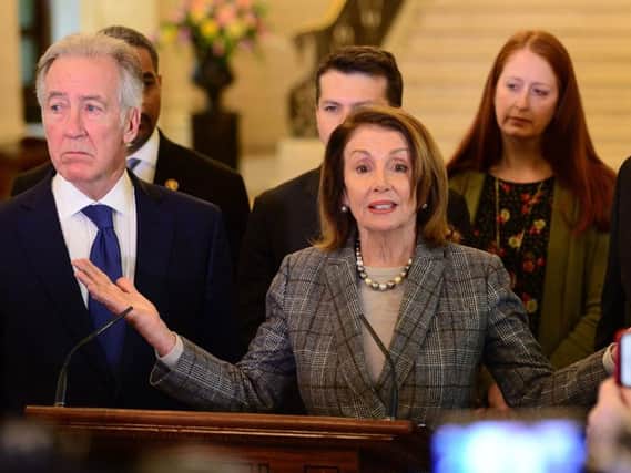 Congressman Richard Neal and Congresswoman Nancy Pelosi answered only three questions at Stormont on Friday, above. None of them were difficult questions relating to how the previous hard border was caused by terrorism