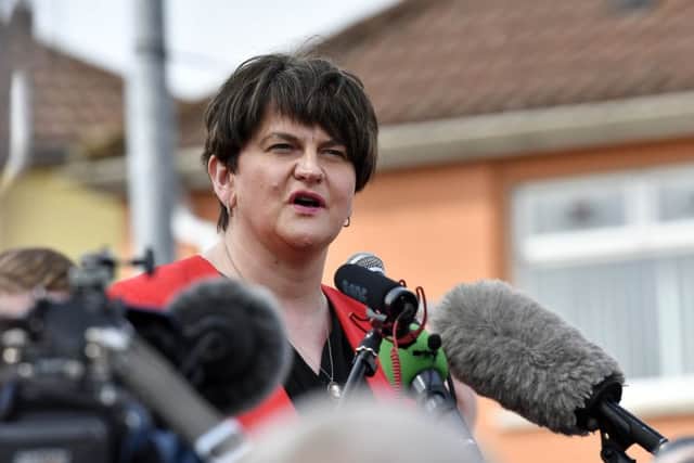 DUP Leader Arlene Foster speaking at the vigil for Lyra McKee in the Londonderry