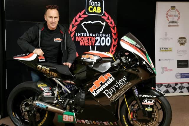Glengormley man Jeremy McWilliams with Ryan Farquhar's KMR Kawasaki at the launch of the North West 200 at the end of February.