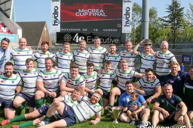 Grosvenor celebrate in the spring sunshine at Kingspan Stadium after defeating Queen's II in the McCrea Cup final on Easter Monday
