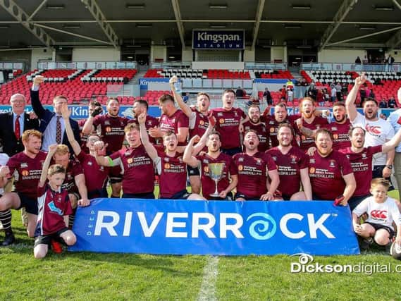 Enniskillen celebrate their 19-0 win over Ballyclare in the Easter Monday Towns' Cup final at Kingspan Stadium