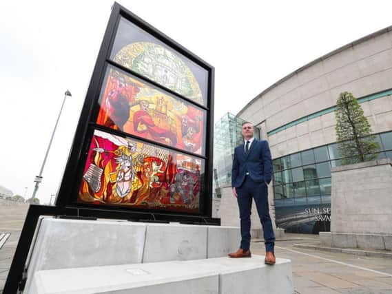 Ciaran Doherty, Tourism Ireland Stakeholder Liaison Manager  Northern Ireland, pictured at the second of Tourism Irelands Glass of Thrones installations at the Waterfront Hall. Picture by Kelvin Boyes, Press Eye