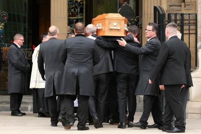 Lyra McKee's coffin is carried into St Anne's Cathedral. Pic: Press Eye
