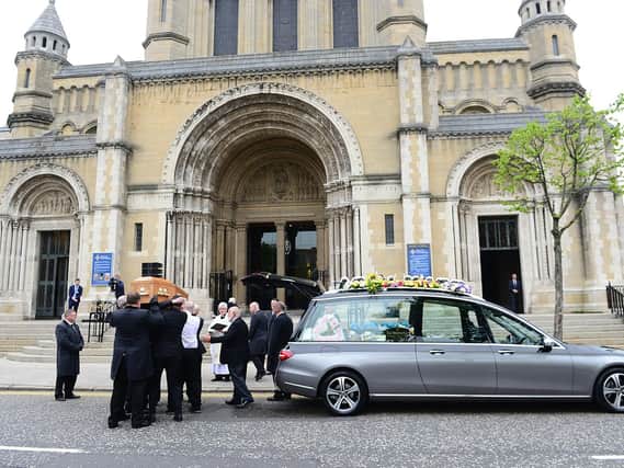Lyra McKee's coffin arrives at St Anne's Cathedral, Belfast. Pic: Pacemaker